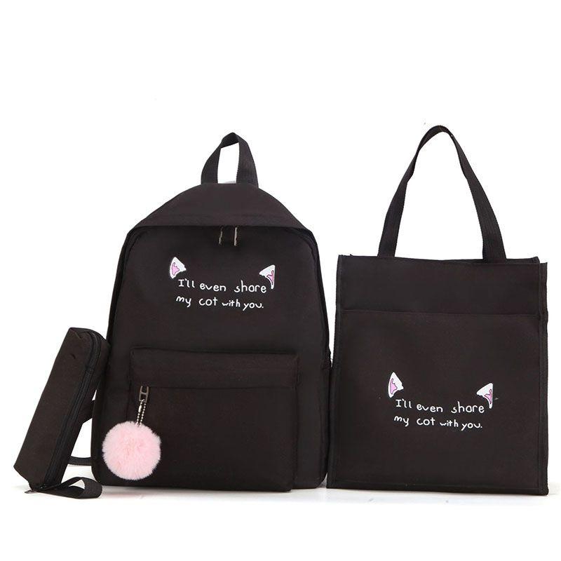 Charming College Style Women's Canvas Backpack Set With Plush Pendant And Pencil Case