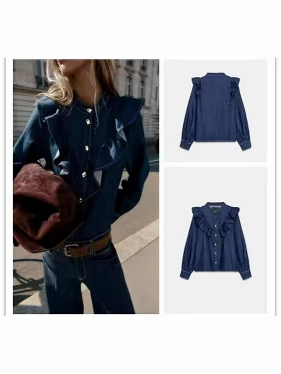 Женская модная джинсовая куртка с оборками и металлической пряжкой 2026 года - Европейский и американский стиль S