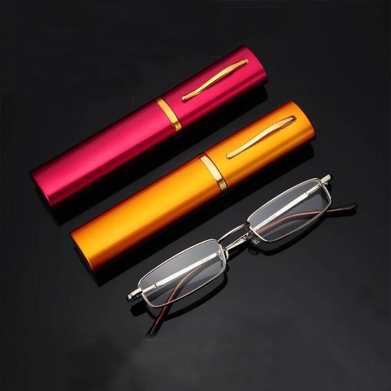 Unisex Reading Glasses With Pen Tube Case Portable Presbyopic Glasses Metal Case Spring Hinge Eyeglasses Vision Care +125+175