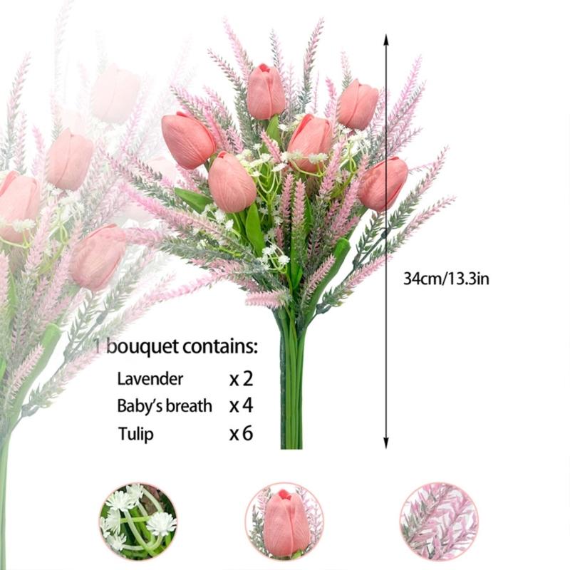 Spring Wedding Floral Arrangements 13Inch Faux Tulips Lavender Bouquet Silk Flower For Home Decoration