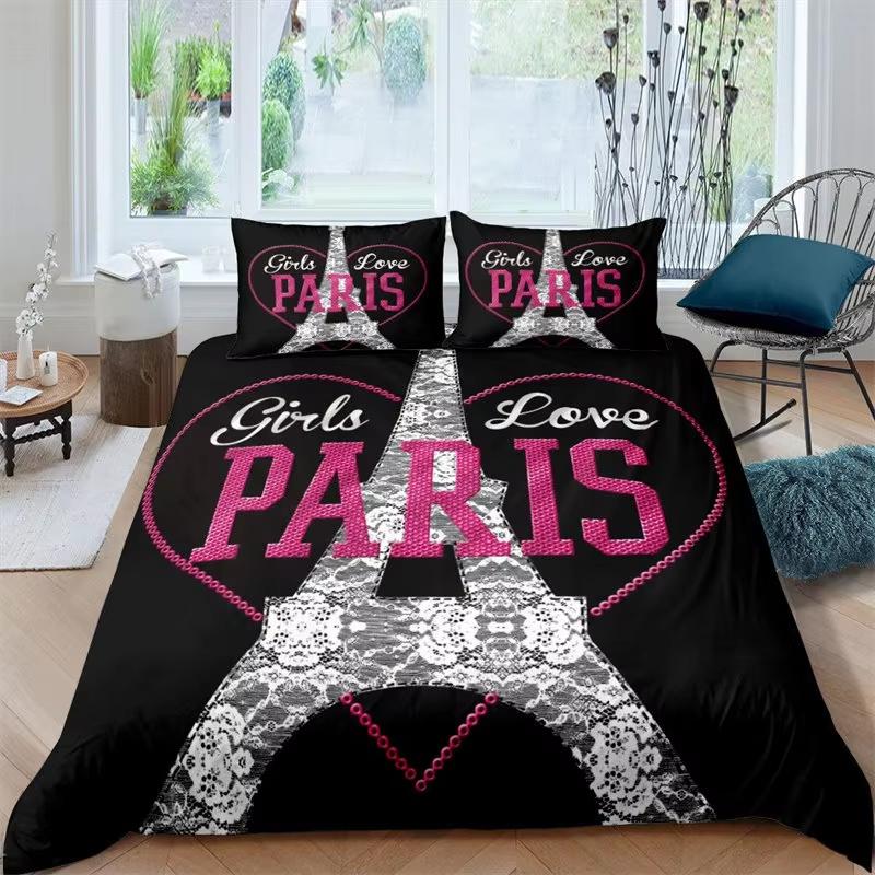 Paris Eiffel Tower Duvet Cover Romantic Theme Bedding Set Cityscape Comforter Cover For Kids Child Teen Boys Girls Bedroom Decor