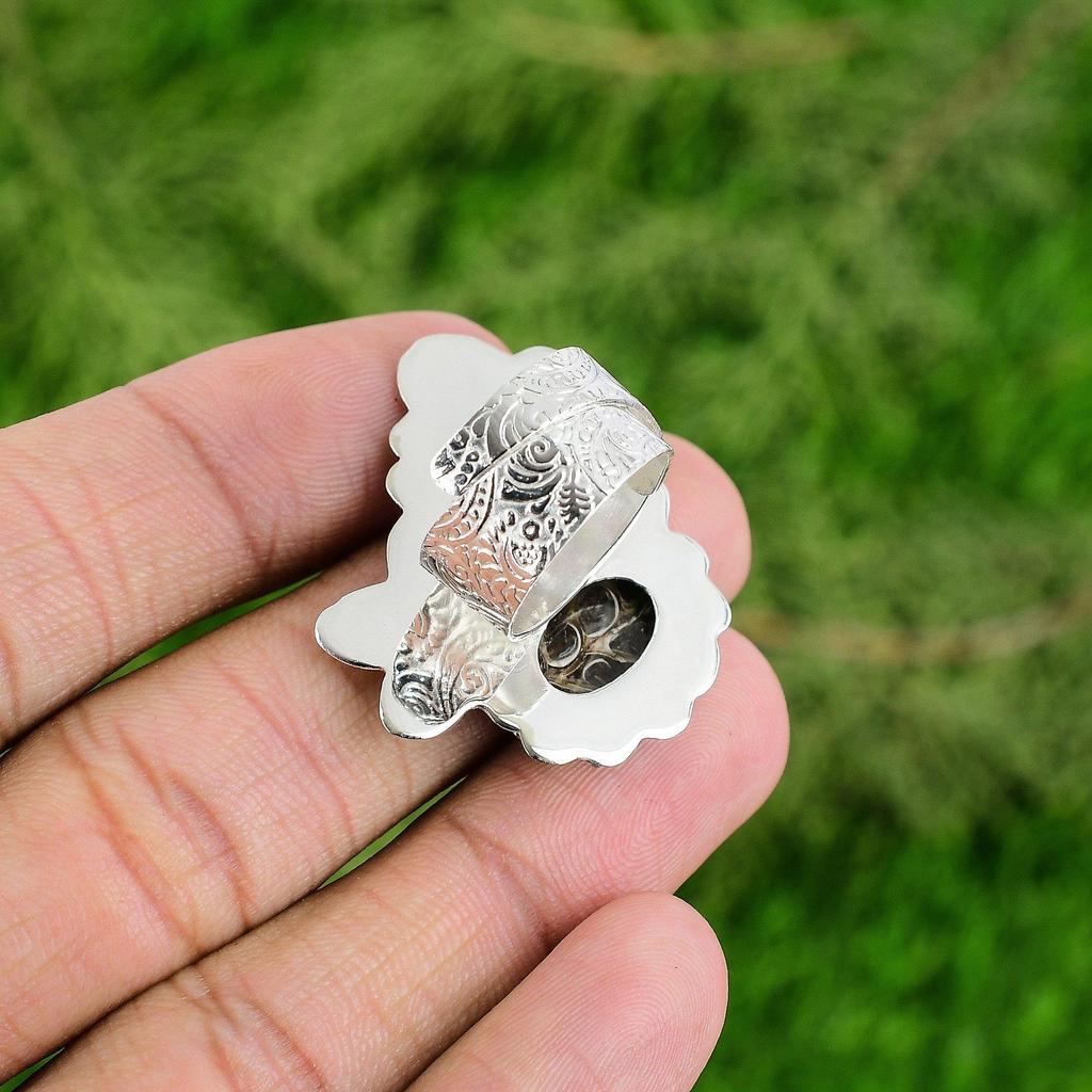 Gift For Her Natural Turritella Agate Solitaire Adjustable Ring 925 Silver