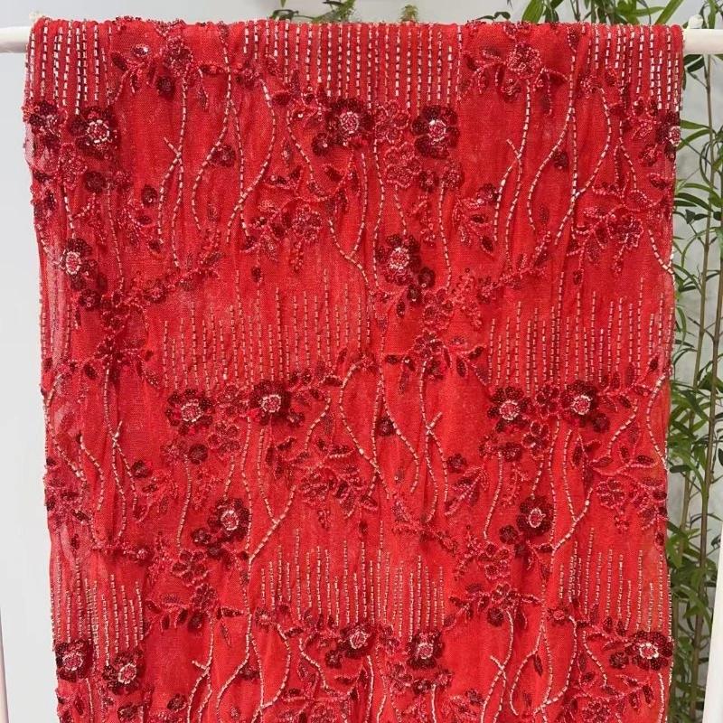 Elegant Beads Sequins Lace Fabric Sequins Embroidered Lace Fabric Diamond Fringe Wedding Dress Material for Clothing