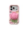 Pink 3D Tulip Soft Silicone Phone Case with Telescopic Bracket Protective Back Cover For iPhone 17 Promax 16 15 14 13 Pro Max