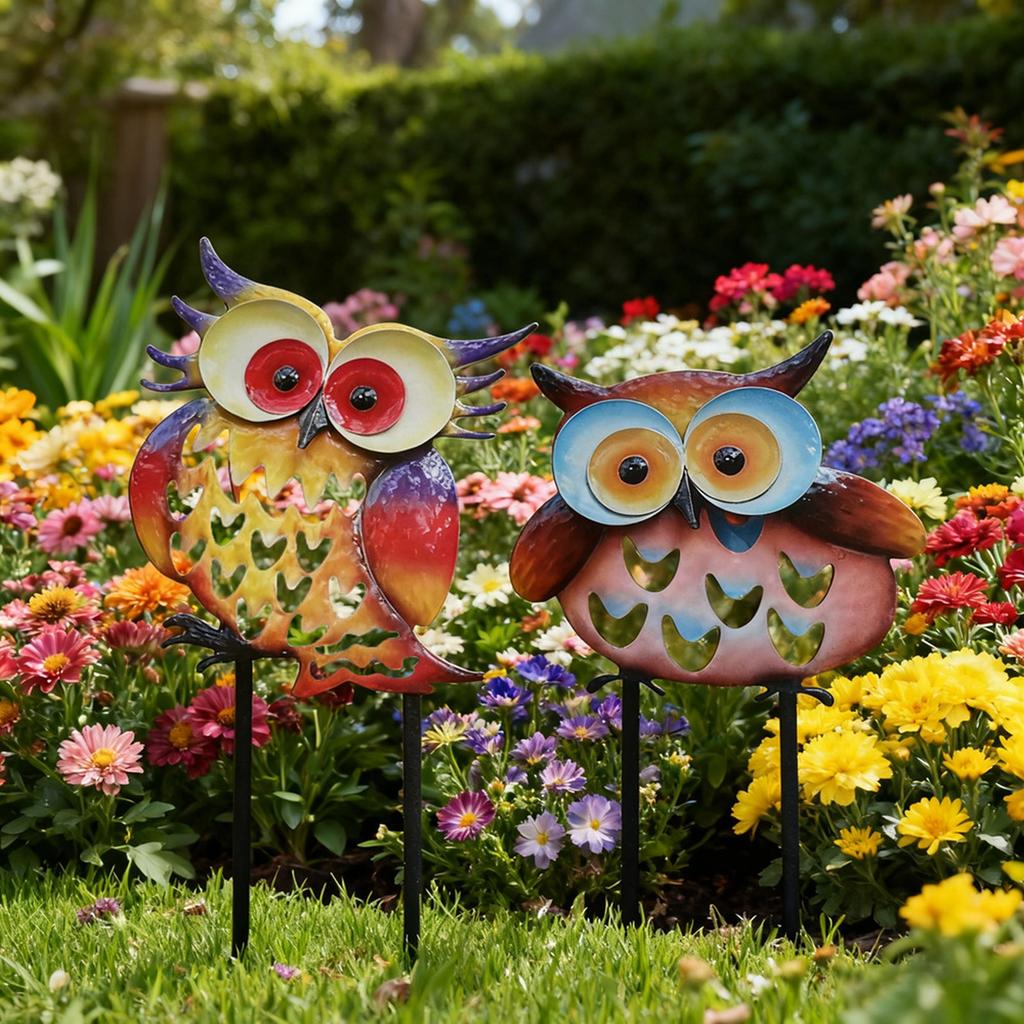 Metal Garden Stake Set with Owl Design Outdoor Decorative Yard Art Creative Iron Craft Lawn Ornament for Patio and Garden