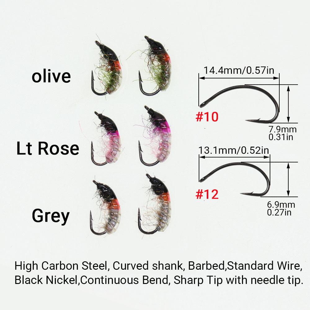 6PCS Scud Nymph Flies Copper Wire Weighted Flash Dubbing Caddis Larva Emerger Fly Fishing for Trout Czech Nymphing River Fishing