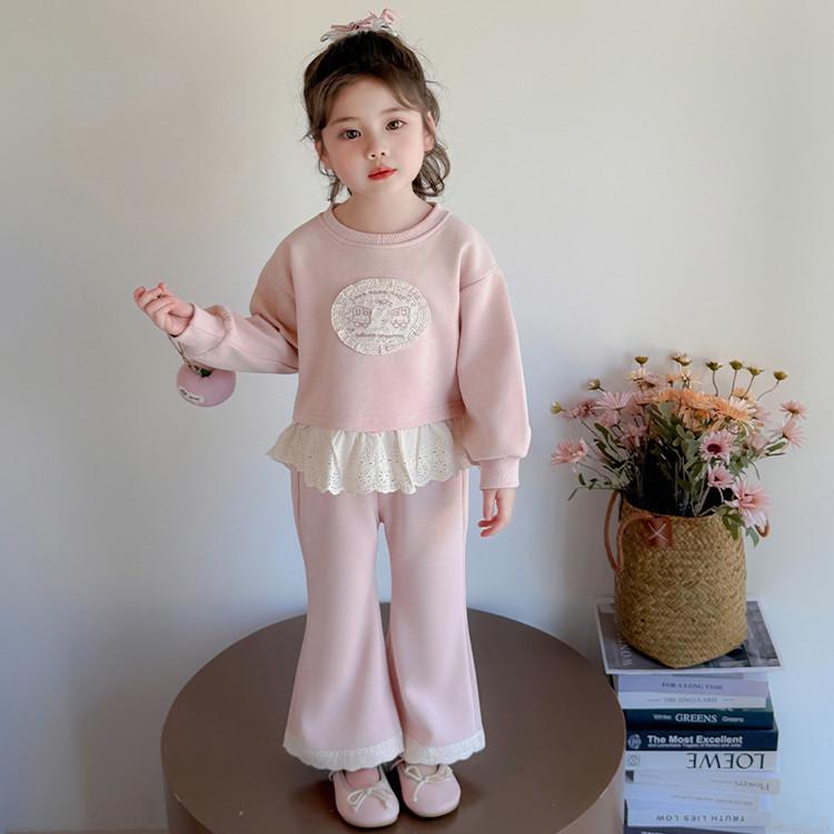 Meng Tang Tang Spring Lace Embroidery Cartoon Hoodie Two-Piece Set for Baby Girls