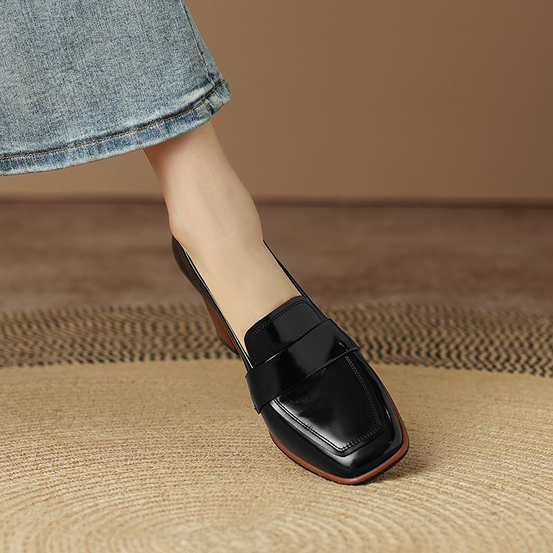 Fashion 2025 Spring New GENUINE LEATHER Women Shoes LEISURE Women Slip-On Shallow Pumps Square Toe Heels Shoes Women Zapatos De Mujer