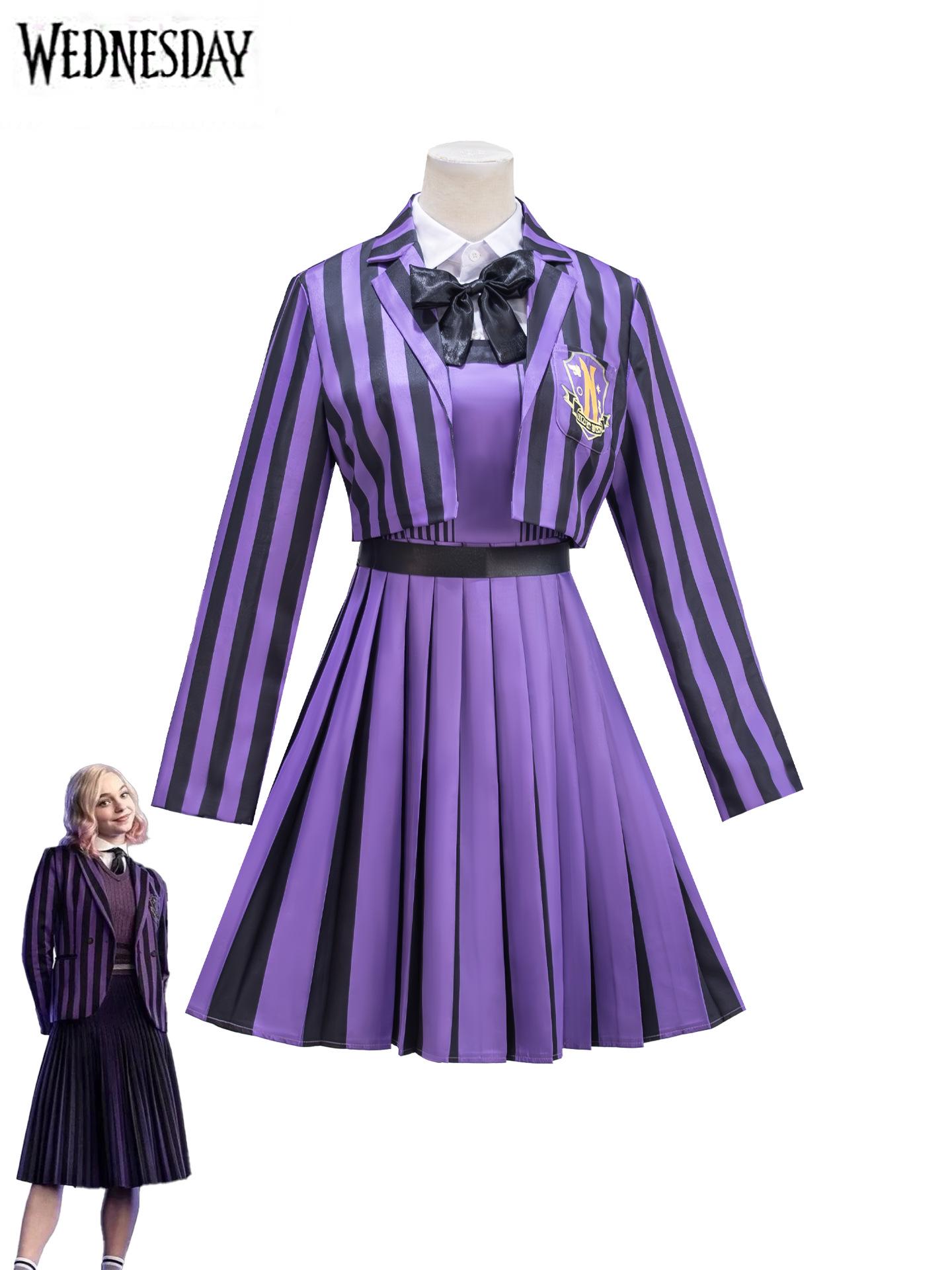 

Wednesday Addams Family Cosplay Werewolf School Uniform - Purple Striped Role-Play Outfit XXXL