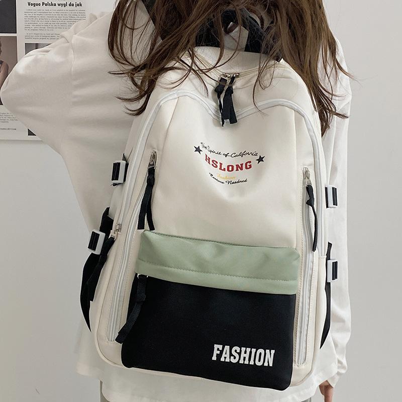 High-value schoolbag female college students contrasting large-capacity backpack junior high school students simple casual computer backpack tide