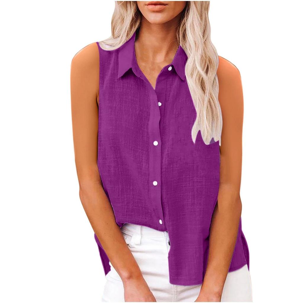 Women's Fashion Casual -Colour Sleeveless Cardigan Collar Cotton-Linen Button-Down Shirt T-Shirt Top
