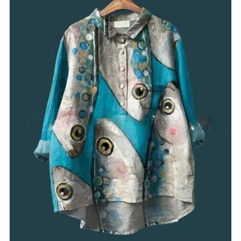 Summer Women's Loose Printed Round Neck Casual Plus Size Women's Long Sleeve T-shirt