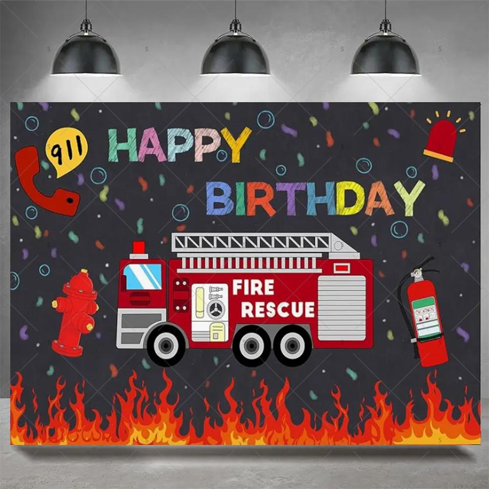 Firefighter Firetruck Theme BackgroundRed Fire Truck Children Boy Birthday Party Decor Baby Shower Photography Backdrop Props