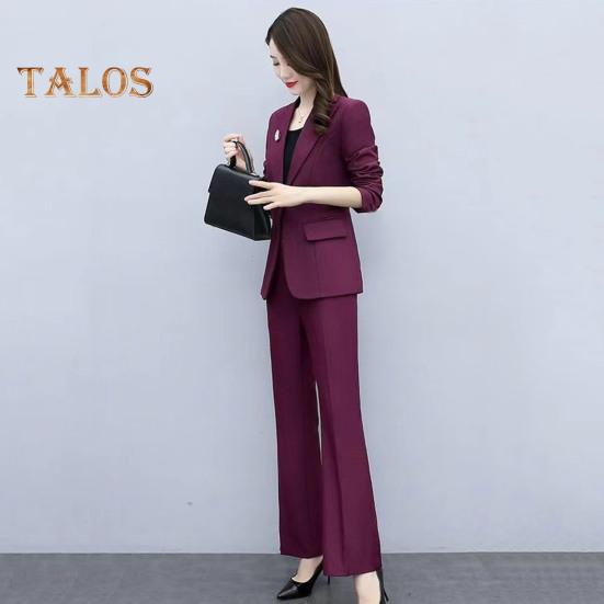 2 buc./set haină formală pentru damă, pantaloni, guler răsturnat, mâneci lungi, costum jachetă, slim fit, culoare pură, pantaloni evazați, îmbrăcăminte zilnică, ținută pentru navetă, birou