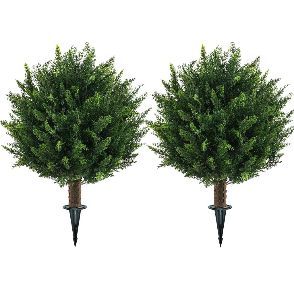 Artificial  Topiary Outdoor Plants With Spike, 2 Pack Faux Cedar Bushes UV Resistant Fake Shrubs For Front Porch Décor