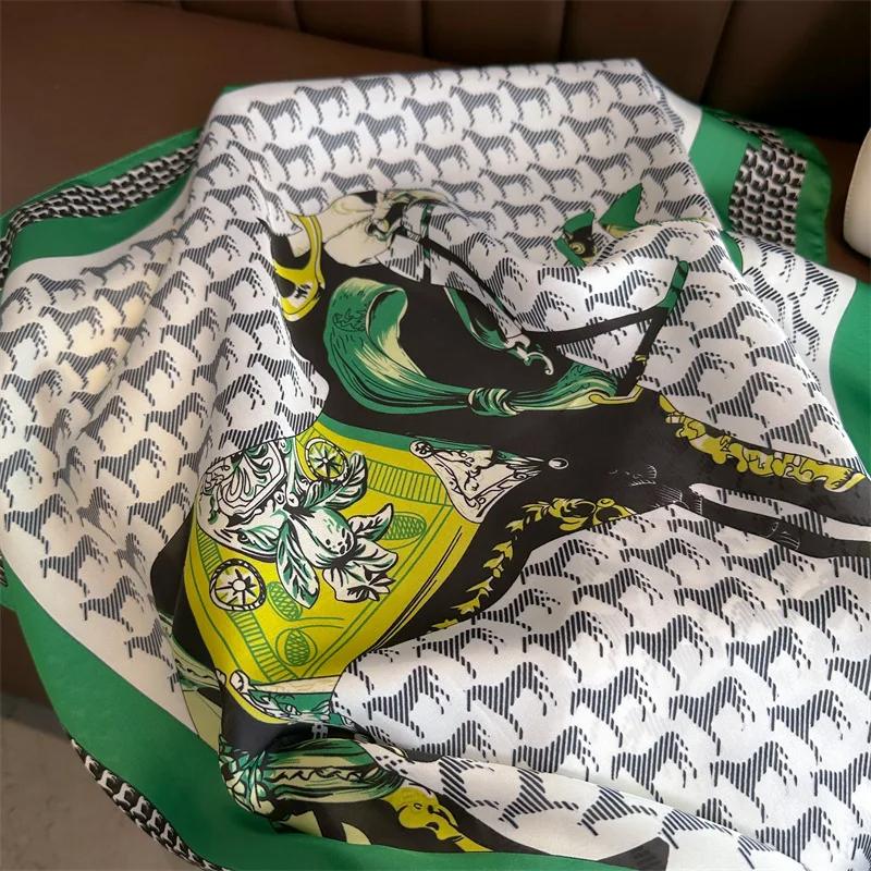 Horse Printing Silk Scarf Hijab Women Luxury Design Square Scarf Girl Ribbon Hairband Neckerchief Foulard Hair Band 70*70Cm