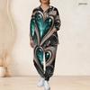 Women Plus Size Black Green Gold Printed Scrub Set V Neck Long Sleeve Pocket Top And Long Pants