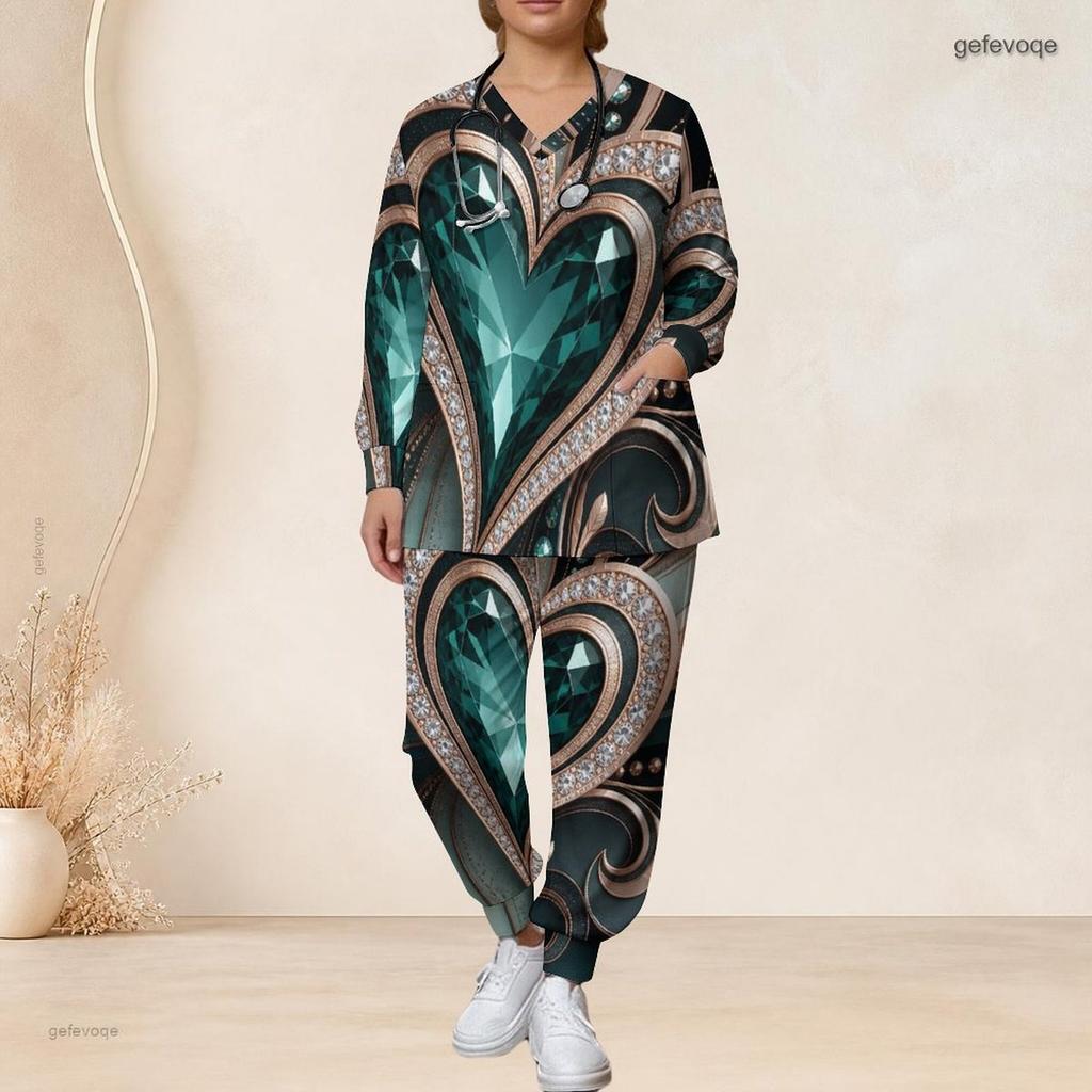 Women Plus Size Black Green Gold Printed Scrub Set V Neck Long Sleeve Pocket Top And Long Pants