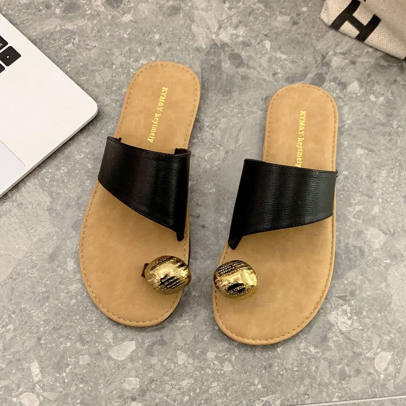 Korean Fashion Metal Buckle Cover Toe Slippers Women's Summer Wear 2025 New Flat-bottomed Comfortable One-word Cool Slippers