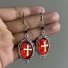 Gothic Cross Earrings, Red Pendant, Silver Dangle Earrings, Alternative Fashion Religious Jewelry