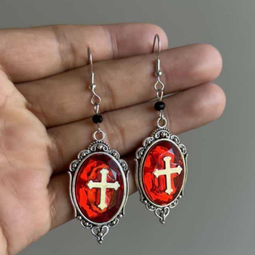 Gothic Cross Earrings, Red Pendant, Silver Dangle Earrings, Alternative Fashion Religious Jewelry