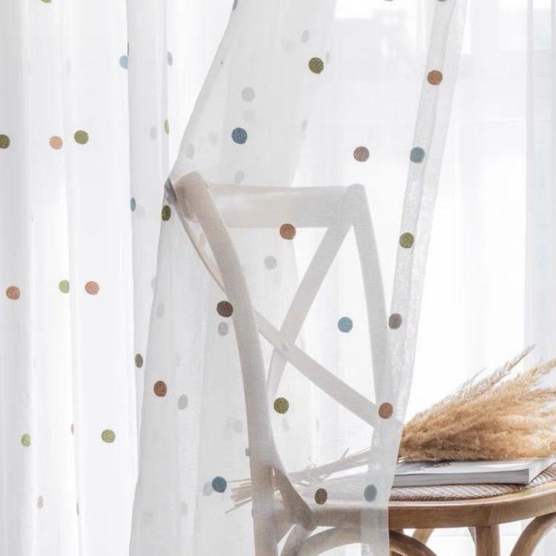 Schattig Kleurrijk Stippen Borduur Tule Gordijn Voor Woonkamer Slaapkamer Kinderkamer Wit Geometrisch Doorzichtig Paneel Voor Keuken W100cm x H200cm&Multifunction Tape