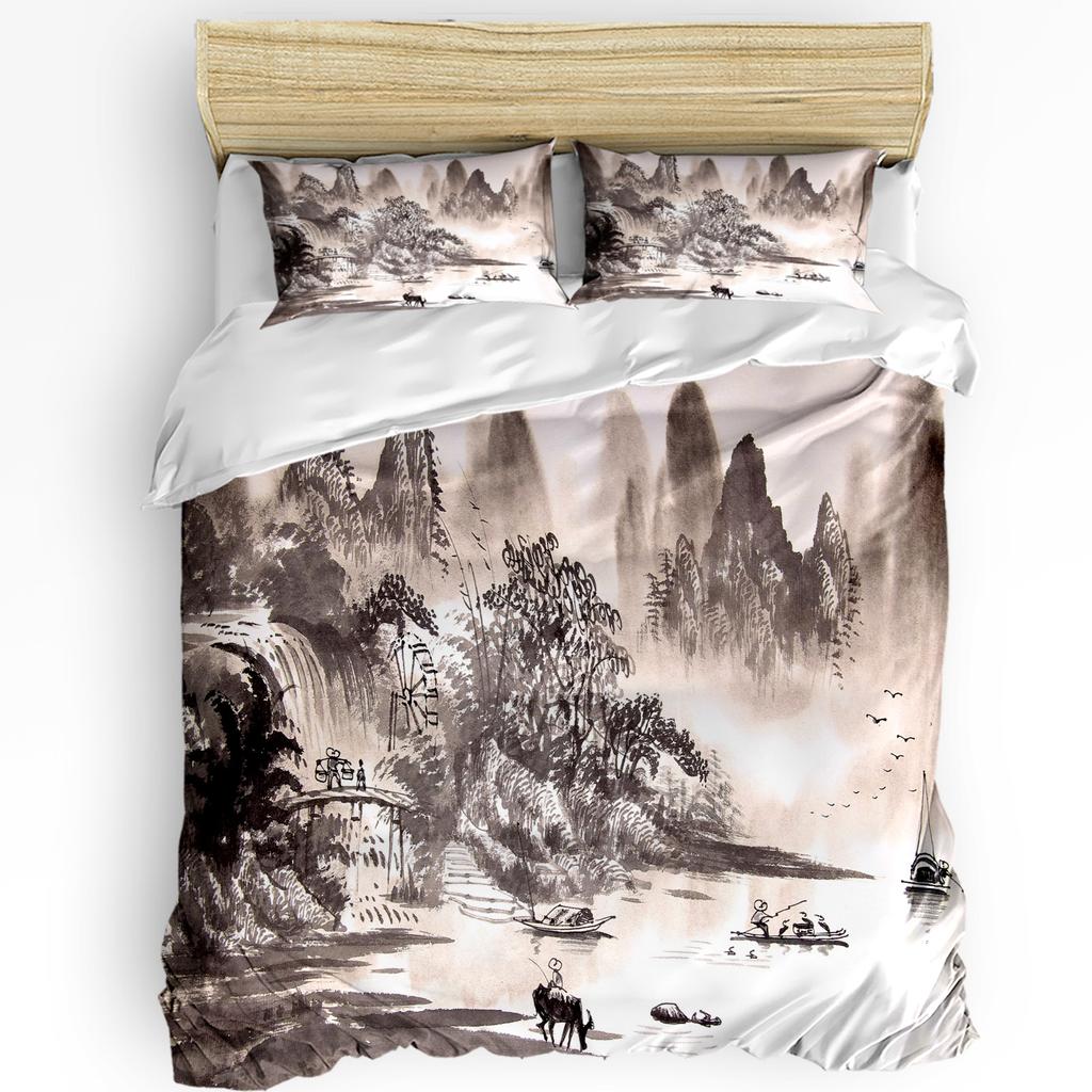 Vibrant Trendy Landscape Ink Painting Chinese Style 3pcs For Bedroom Bed Home Textile Double Quilt