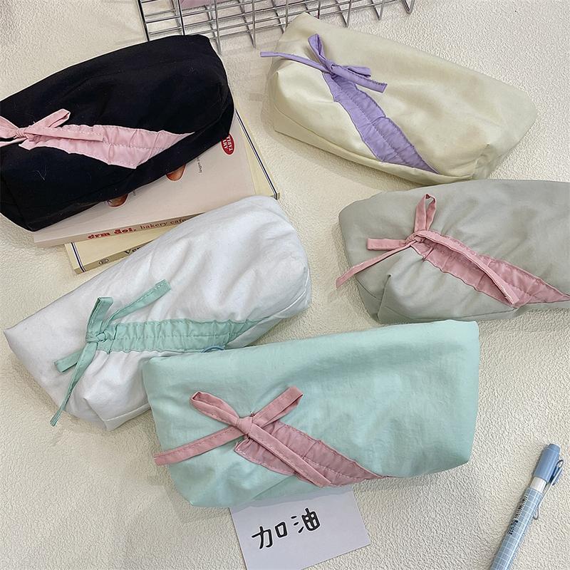 Ins Style Simple Fabric Pencil Case Bowknot Makeup Bag Large Capacity Storage Bag Stationery Pouch School Supplies Girls Gift