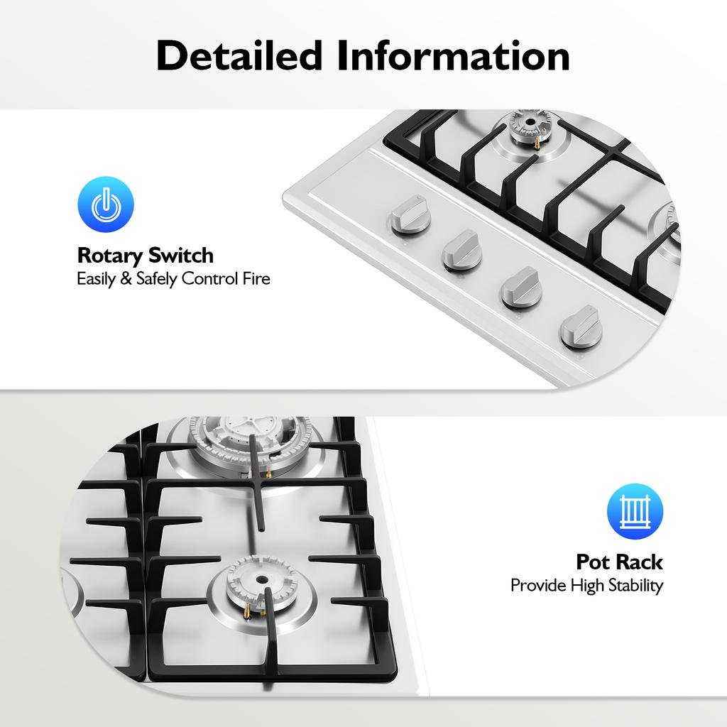Powerful Built-in Gas Cooktop 4 Burner, Stainless Steel with 3KW Rapid Burner & Cast Iron Grates for Kitchen