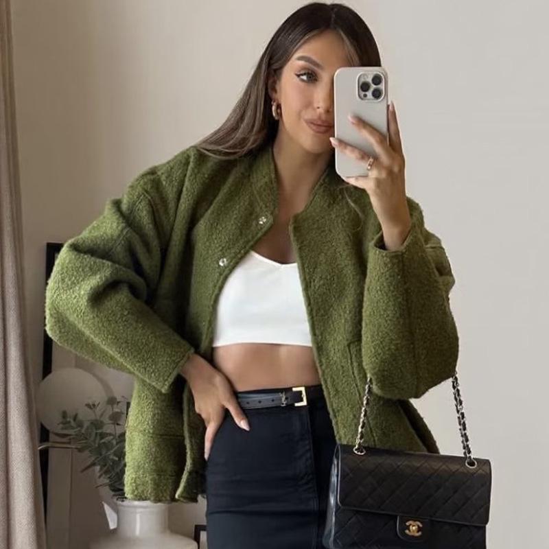 2023 Módní minimalistický vlněný kabát s dlouhým rukávem a kapsami pro podzim a zimu