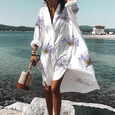 Trendy 3D Floral Print Lapel Long Sleeve Dress