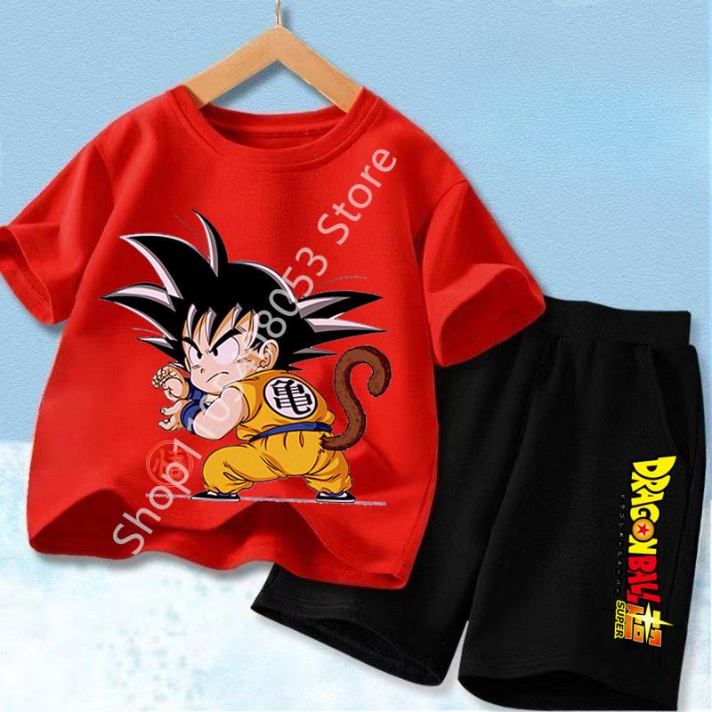 2026 Anime Cool Goku Dragon Ball Z Boys CosPlay Short Sleeve Shorts with Pocket Beach Pants Breathable T-shirt Kids Suit