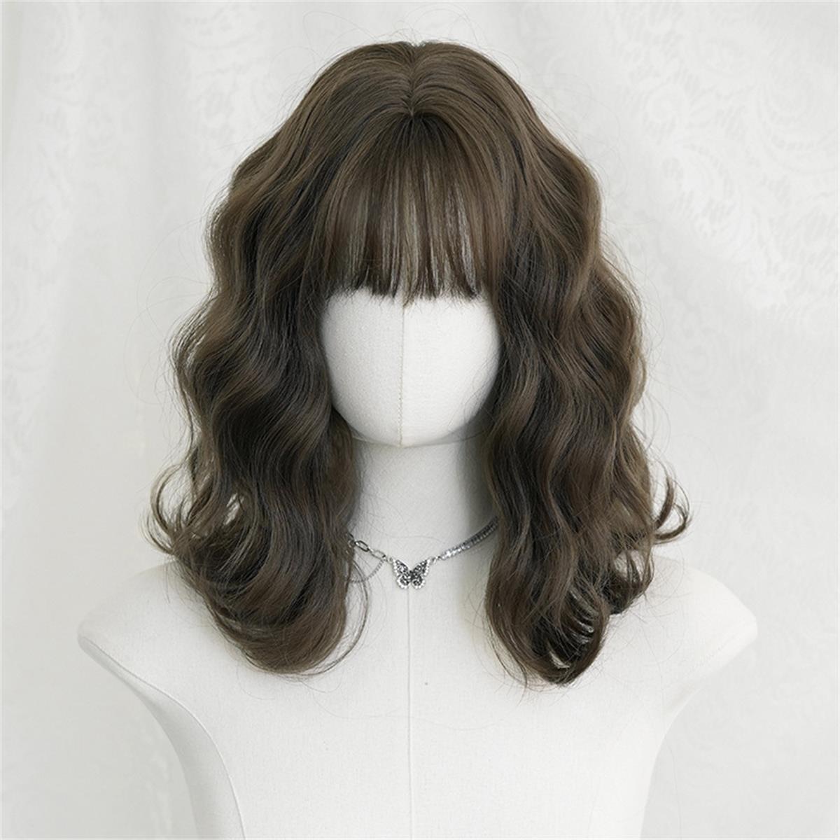 

Wig for Women with Short Curly Hair, New Summer Product, Misty Cold Brown Chemical Fiber, Simulated Full Headgear with Bangs, High Temperature