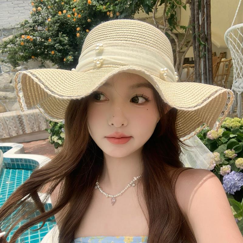 Lace pearl wavy edge bow straw hat women's summer sunshade seaside vacation big brim sun hat