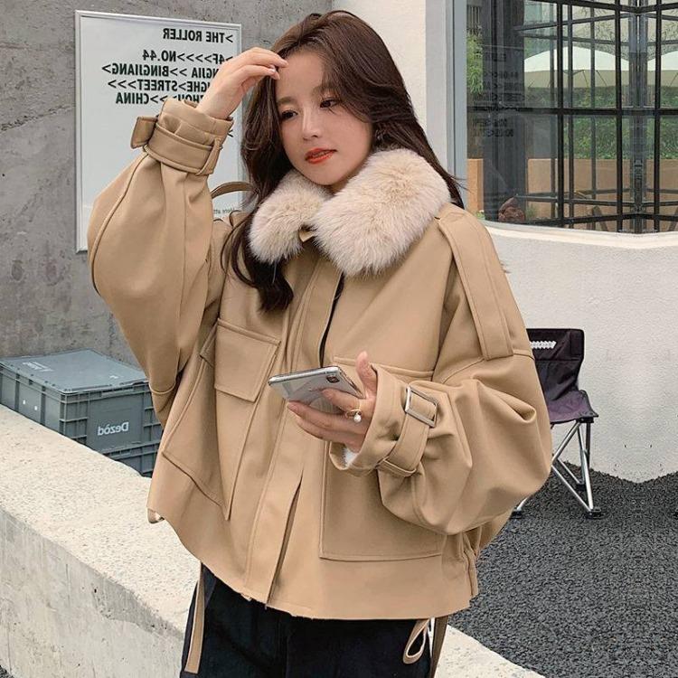 

Winter Women Plush Thickened Cotton Parkas Short Pu Leather Jacket S хаки