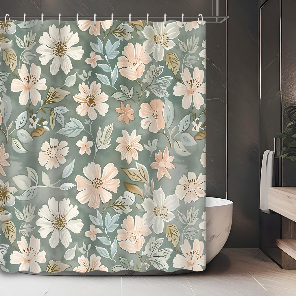 Botanical Floral Curtain - Water-Resistant, 12 Hooks, Plants & Flowers, Machine Washable, Grommet Top, Bath Decor