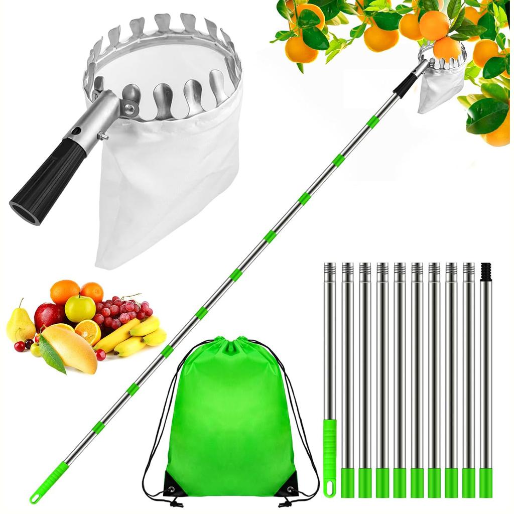13,1FT Obstpflücker Stange mit Korb Teleskopisch, Baumobstpflücker Werkzeug mit Edelstahlstange & Aufbewahrungstasche für Apfel, Mango, Avocado, Orange, Zitrone