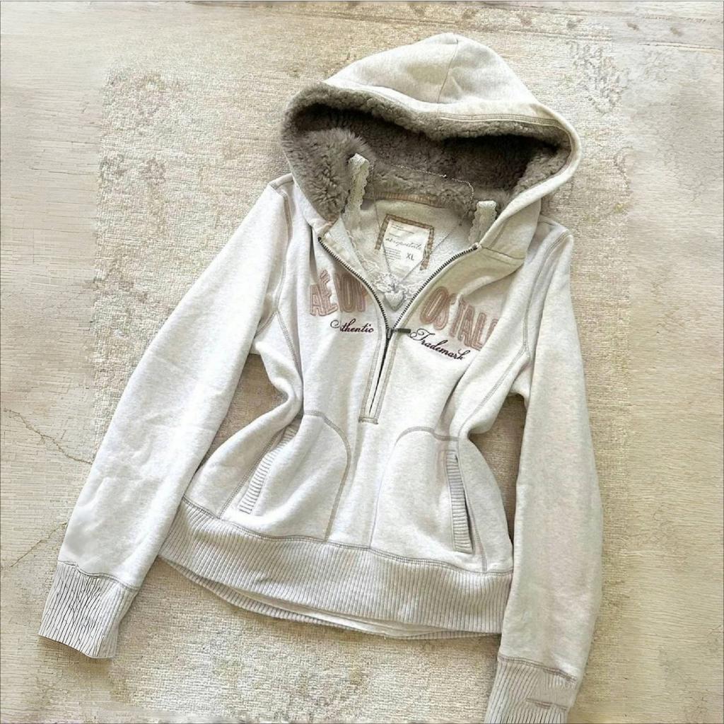 2KWEIRD Y2K Punk Vintage Grå Fleece Hettegenser Dame Plysjfôret Glidelås Genser Retro Grunge Streetwear Hot Girl Jakke
