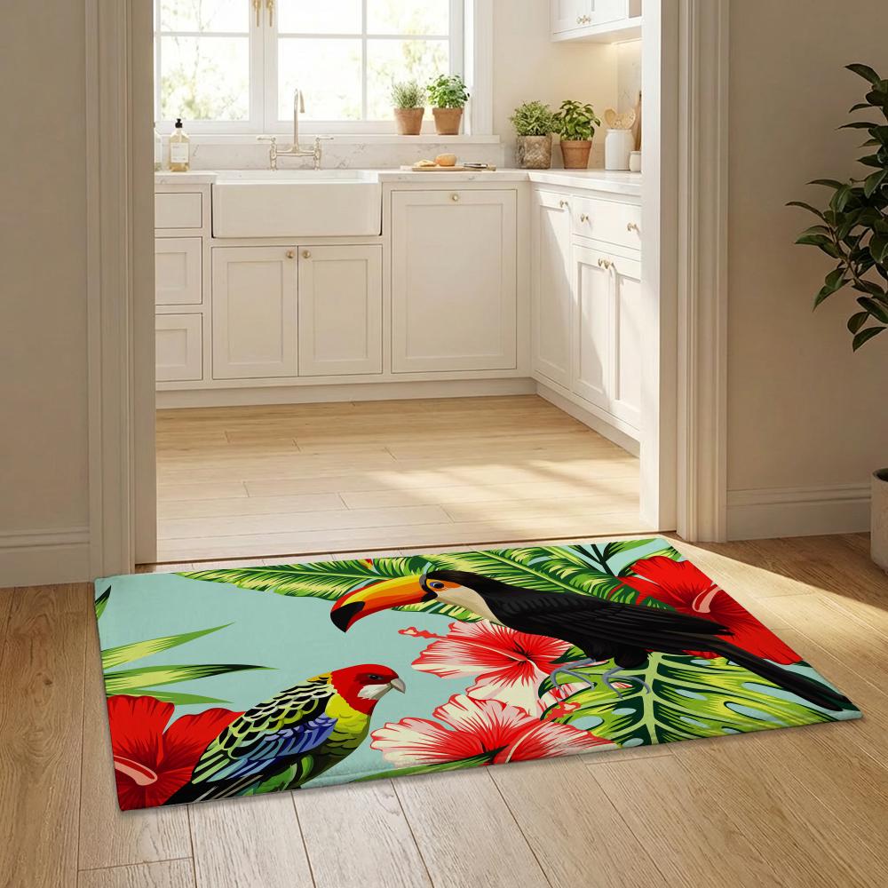 Tropical Parrots Flowers Palm Leaves Floor Mat Flannel Door Mat Non-Slip Bedroom Living Room Home Decor