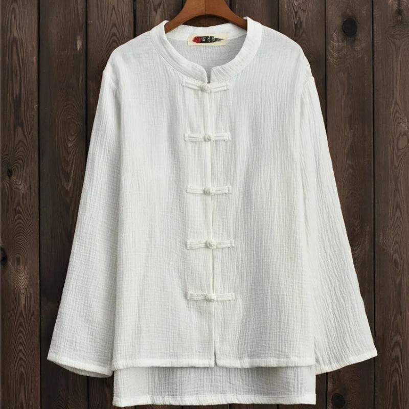 Spring Solid Color Stand Collar Full Sleeve Tops Women Vintage Single-breasted Cardigan Cotton Linen Shirts