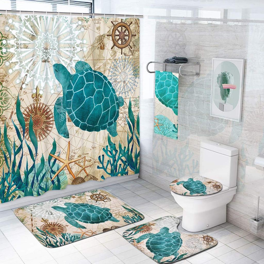 Sea Turtle Shower Curtain Set Non-Slip Rugs Toilet Lid Cover Bath Mat Nautical Ocean Bathroom Curtains Set Durable Waterproof