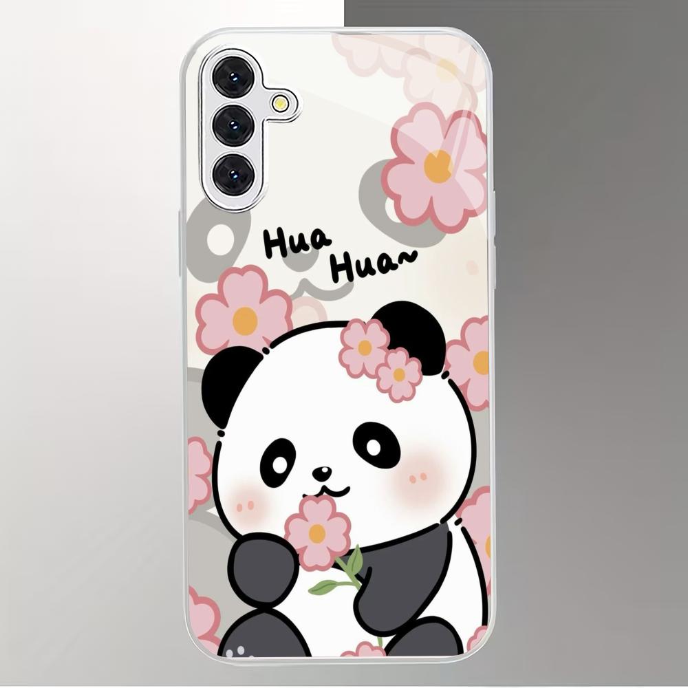 Cute Panda Silver Plated Glass Phone Case Suitable for Samsung Galaxy S26 S25 S24 S22 S21 S20 FE/Ultra/Plus Anti Drop Back Cover