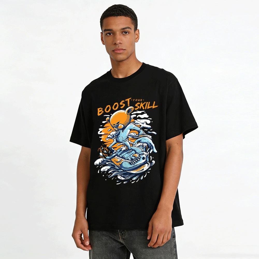 Boost Your Skill Bear Surfing Graphic Trendy Casual T-Shirt Pure cotton T-shirt