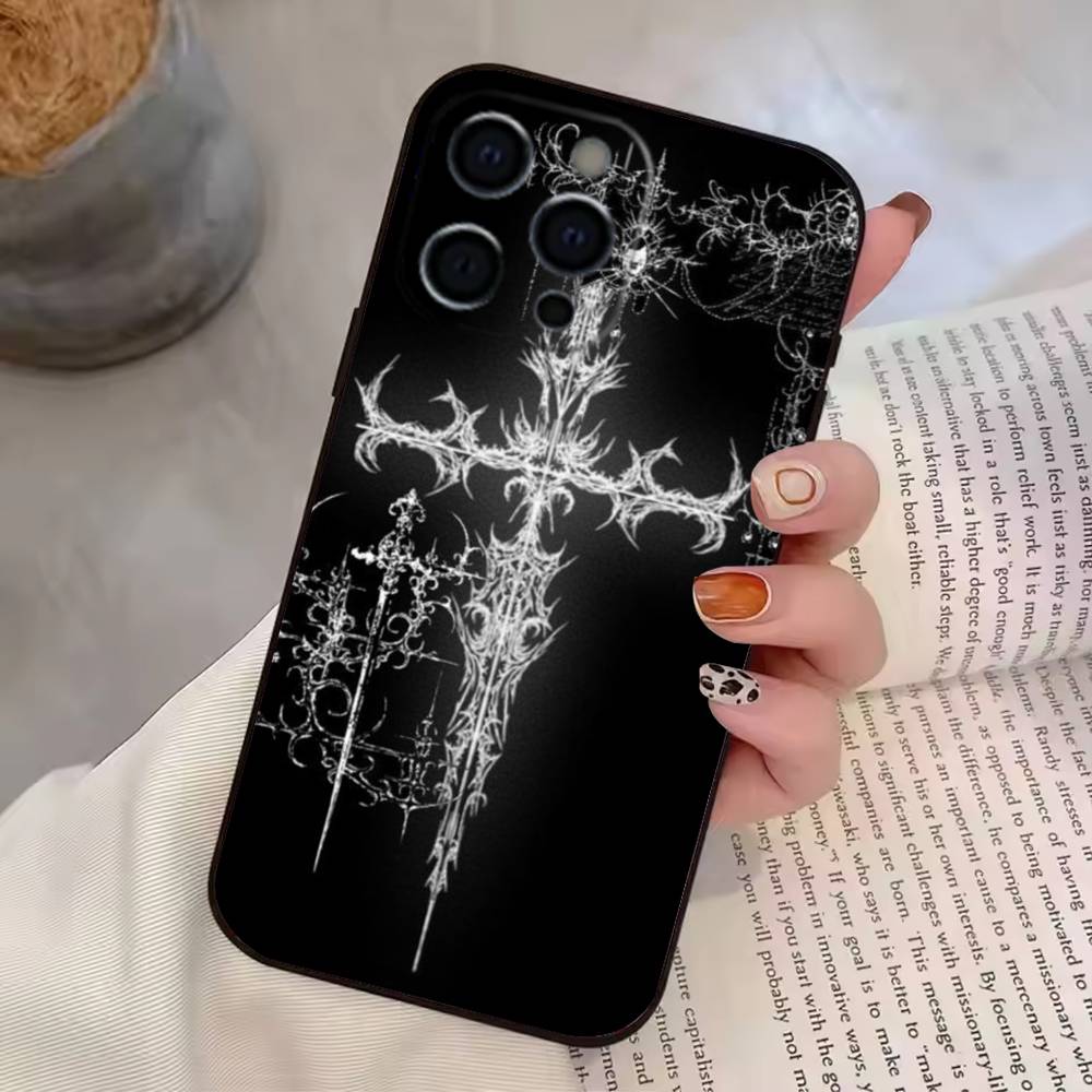 Gotisches Kreuz Ranke Transparent Handyhülle Für iPhone 17,16,15,14,13,12,11 Plus,Pro Max,XS,Weiche Silikon Schwarze Hülle