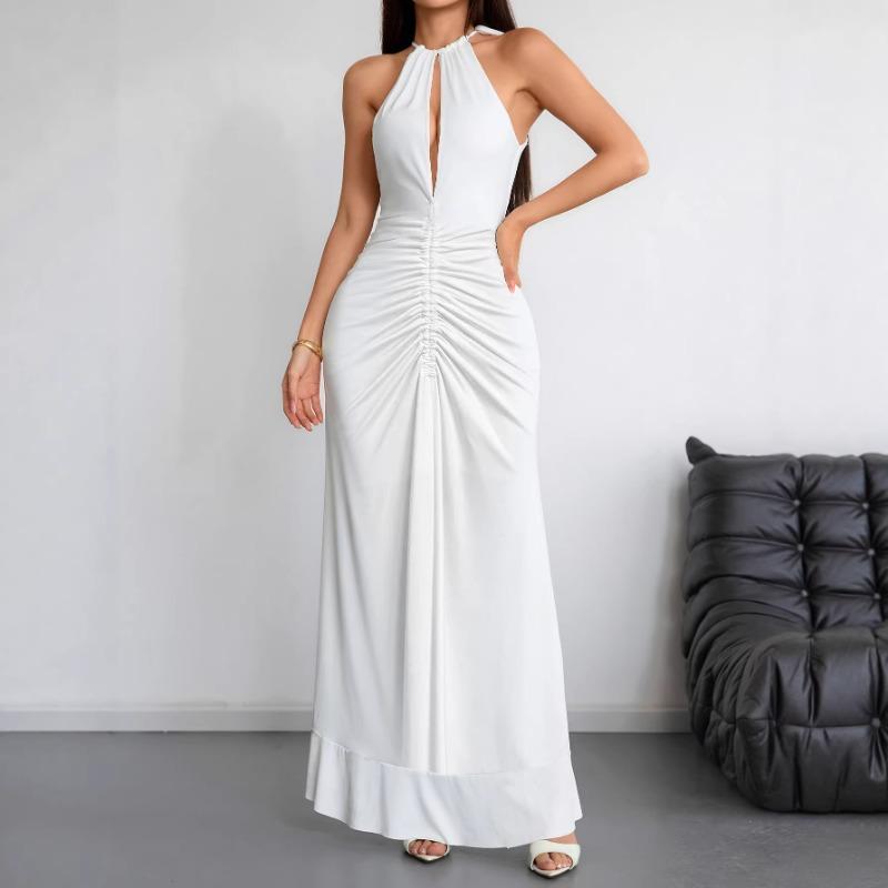 New Dress European and American Fashion Slim Slim Pleated Long Skirt Solid Color Women's Summer Dress Long Skirt