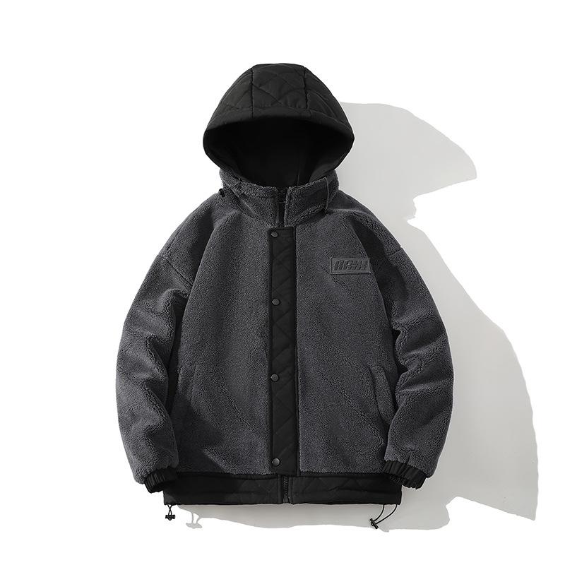 

Мужская зимняя куртка из овечьего флиса, утолщенная бархатом, теплая модель с капюшоном, свободная имитация двухкомпонентной хлопковой куртки для пар 2XL