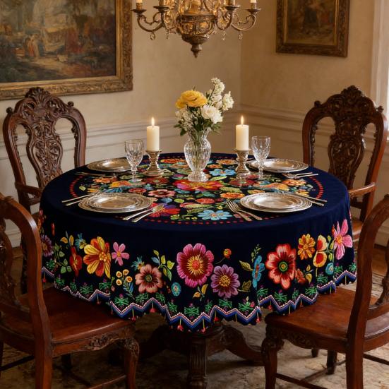 Mexican Floral Tablecloth Round Table Cover with Scalloped Edge Colorful Flower Folk Art Pattern