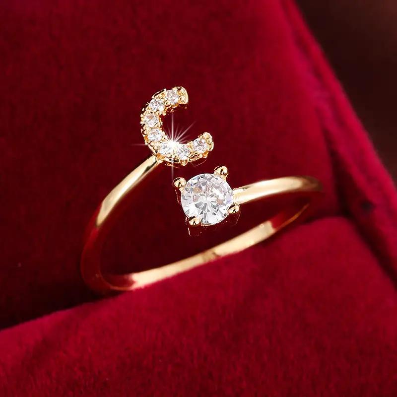 26 English Letter Micro-set Zircon Fashion Women's Ring, Copper-plated 14K Open Plain Ring