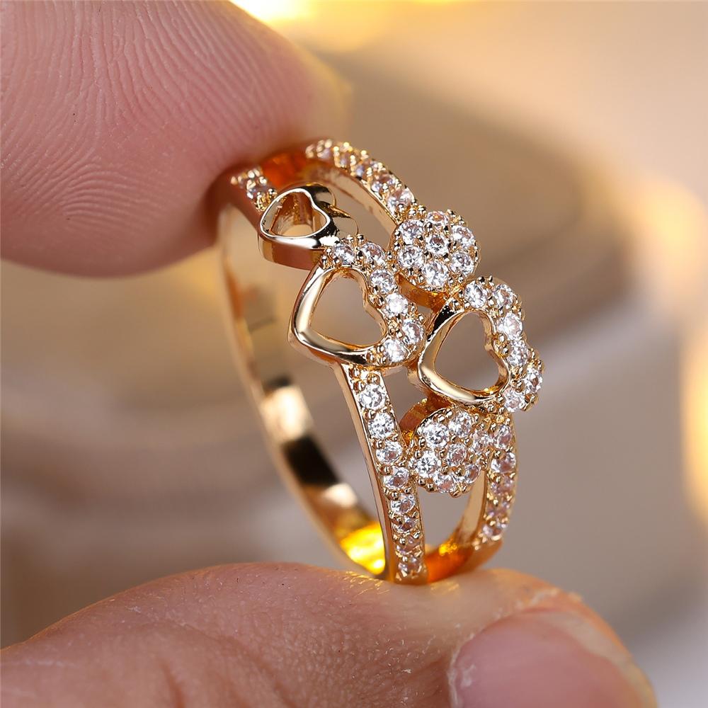 Boho Female White Crystal Zircon Stone Cute Gold Silver Color Love Heart Ring Vintage Wedding  For Women