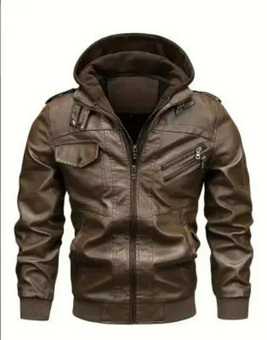 2025 Men's Plus Size PU Washed Leather Hooded Jacket, Two-piece Design.